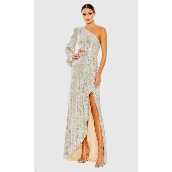 NWT IEENA MAC DUGGAL 26730
Silver Sequined One Shoulder Cut Out Gown Silver Sz 4 - Picture 1 of 11